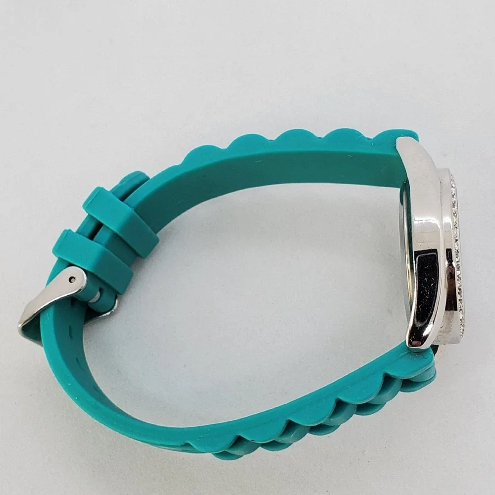 Bay Studio Women's Watch 31MM Gray Case Crystal Bezel Teal Plastic Bands NewBatt